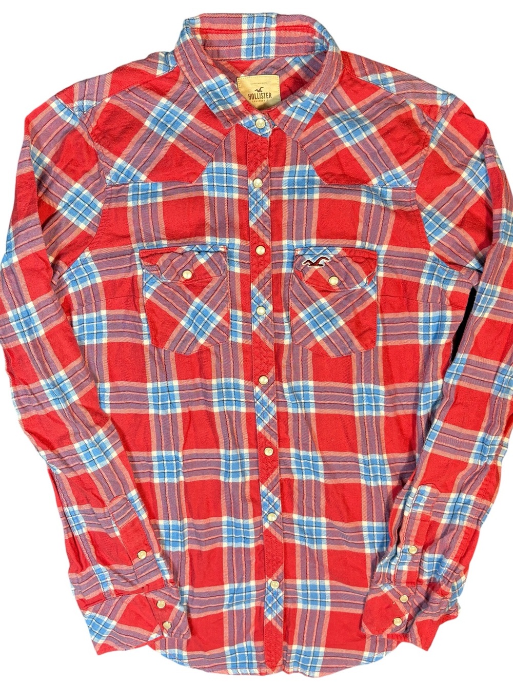 Hollister Red Blue Plaid Pearl Snap Western Shirt Men’s M Y2K Cotton